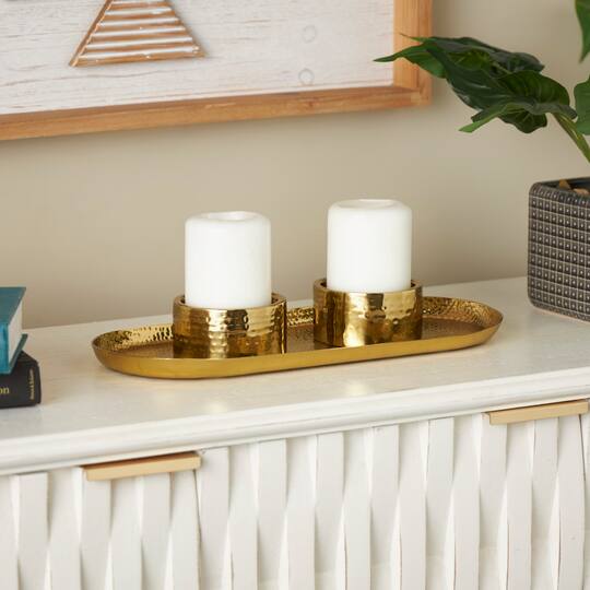 16" Gold Stainless Steel Metal Hammered Candle Holder with Oval Tray Plate